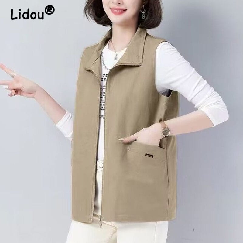 2023 Spring and Autumn Women's Commuter Loose Casual Tank Top Wearing Solid Color Comfortable and Versatile Sleeveless Coat