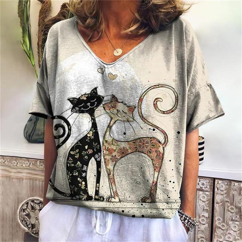 Summer Cartoon Cat Women's T-Shirts Fashion Top Tee 3d T-Shirt Harajuku Casual Short Sleeve V-Neck Oversized Female Clothing