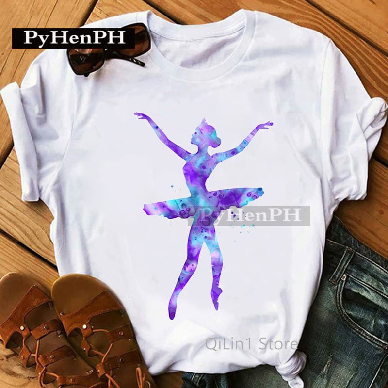 Ballet Girl Printed T-shirt Women's Plus-size Casual White Short-sleeved Tops Oversized T Shirt  Harajuku