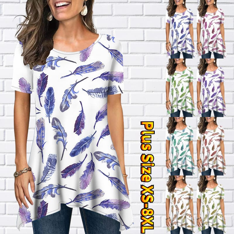 Women's Summer Pattern Print Round Neckline Under the Open Fashion Short Sleeve Casual Commuter Office Loose Top XS-8XL