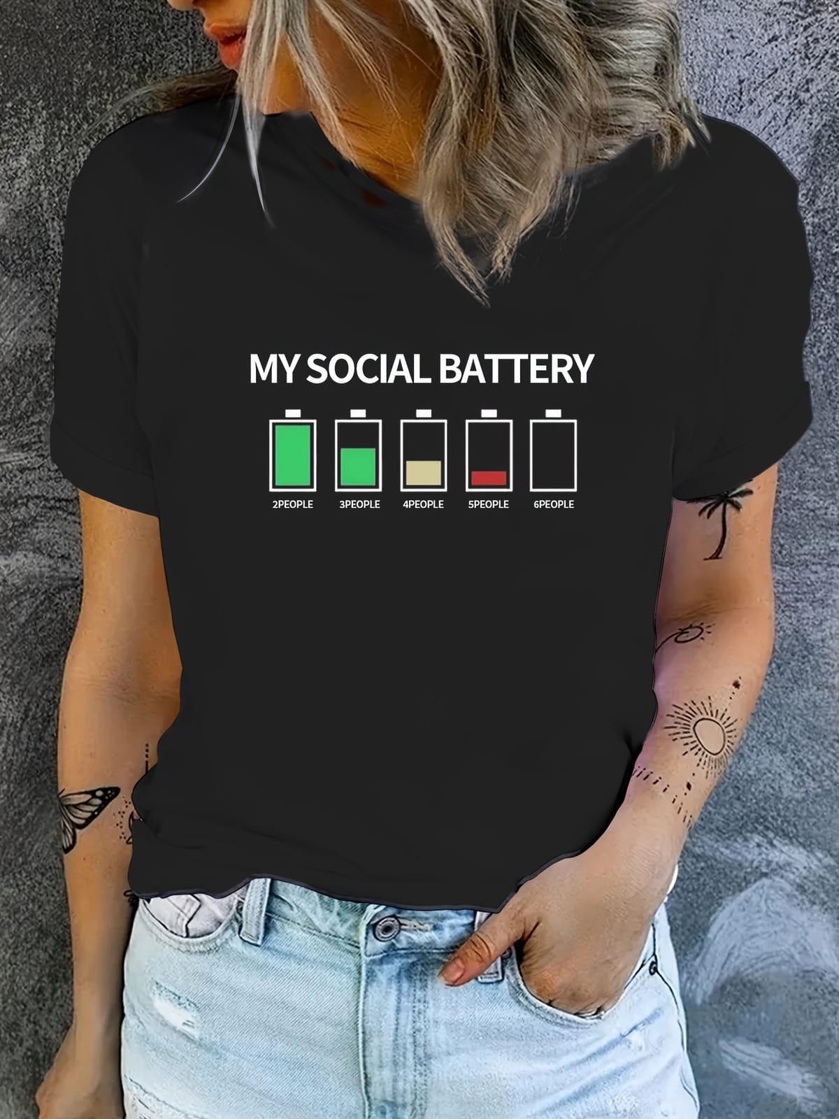 BATTERY Print T-shirt, Short Sleeve Crew Neck Casual Top For Summer & Spring, Women's Clothing