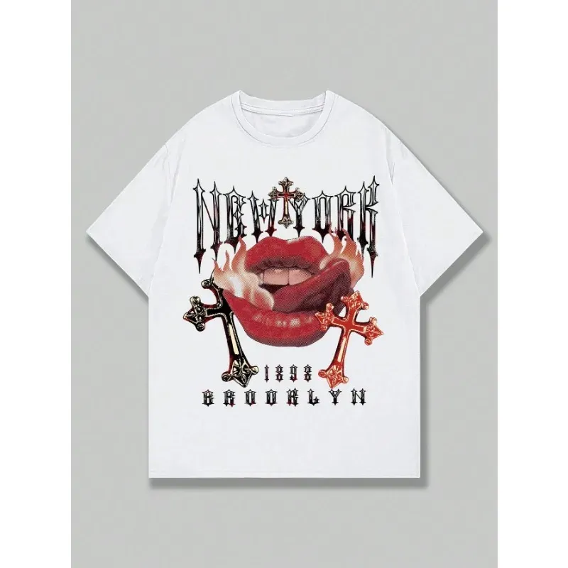Short Sleeves T-shirt Street Life Women's Street Short Sleeved Letter and Lip Printed Round Neck Tops Is A Must-have Summer Tee
