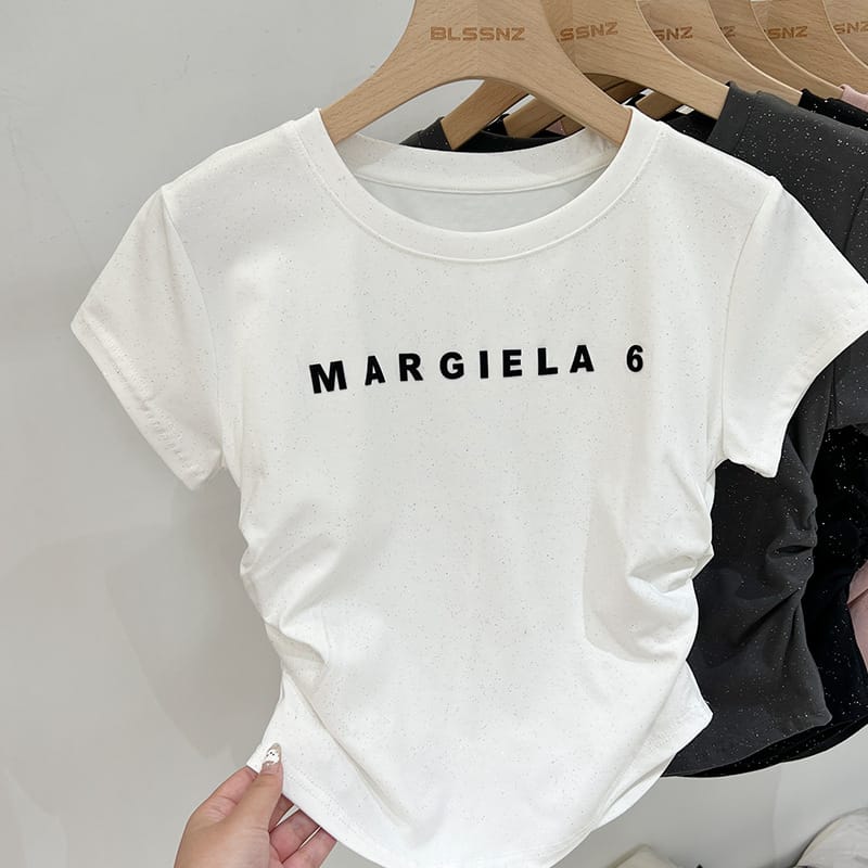 T-shirt women's summer round neck shoulder slim short shirt cotton American waist hot drilling bright silk short sleeve
