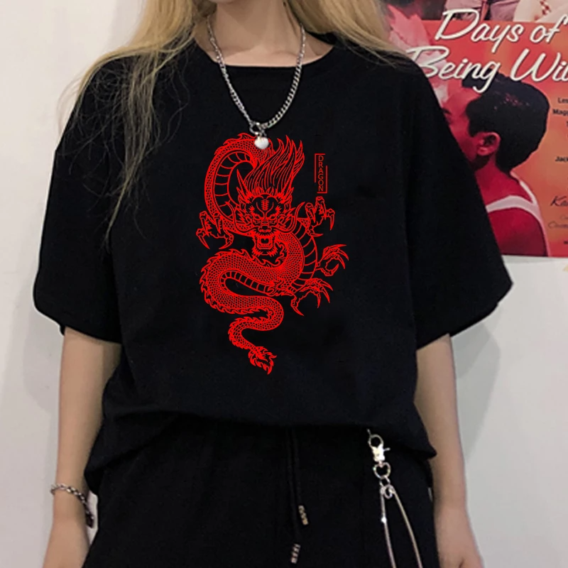 Punk Women's T-shirt Vintage Chinese Dragon Print Loose Top Summer New Harajuku O-Neck Short Sleeved T-shirt Gothic Streetwear