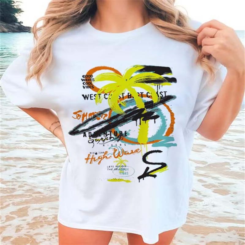 Fashionable Women's Graffiti Look with Summer Beach Prints T-Shirt Clothing Trend Cute 90s Women's Short Sleeved Printed T-Shirt
