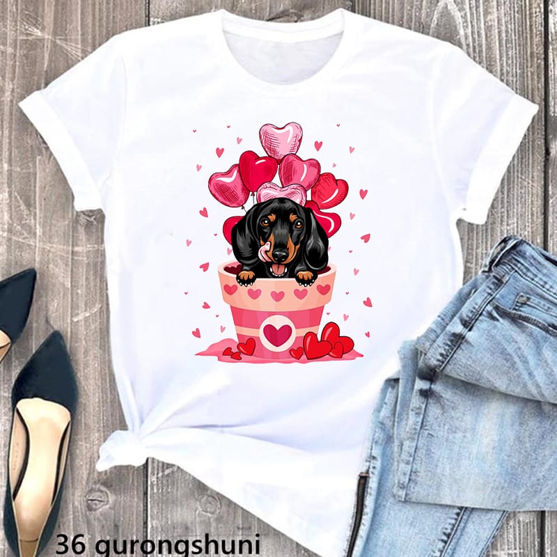 Valentines Day Pot Dachshund/Corgi Print T Shirt Women'S Clothing Funny Dog Lover Tshirt Girls Harajuku Shirt Summer Tops Tee