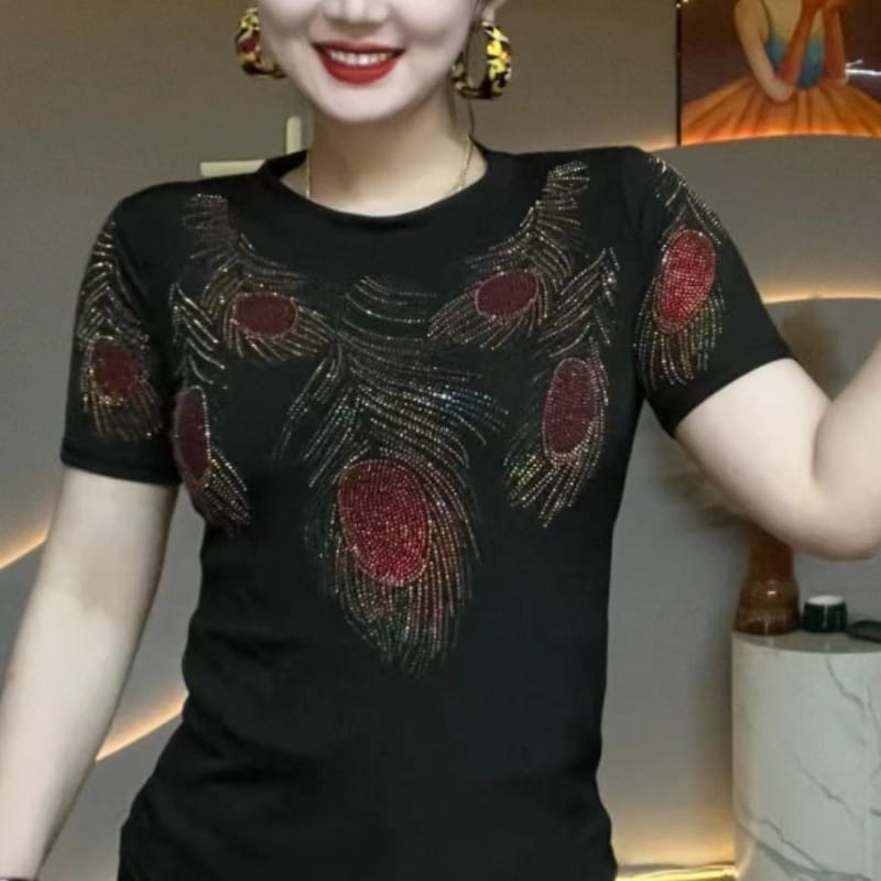 Women's 2024 Summer New Pullover O-Neck Printing Rhinestone Fashion Comfortable Minimalist Slim Fit Short Sleeve T-Shirts Tops