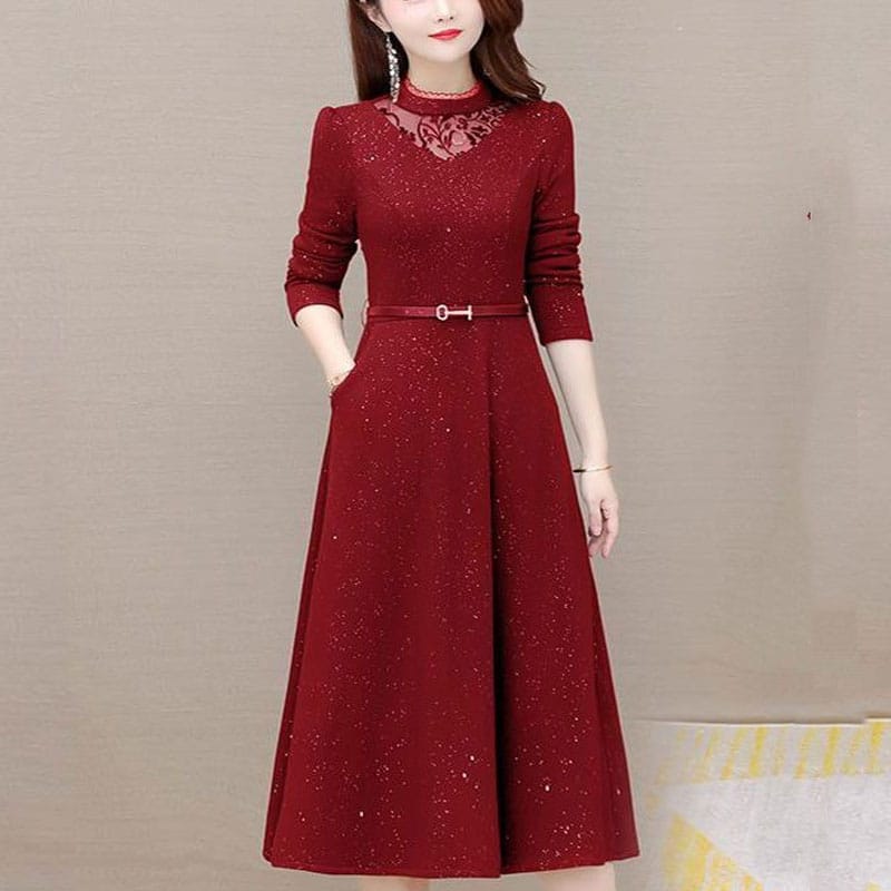 Winter Women's New Thickened Solid Color Half High Neck Lace Long Sleeved Dress Autumn Elegant Leisure Comfortable Dress