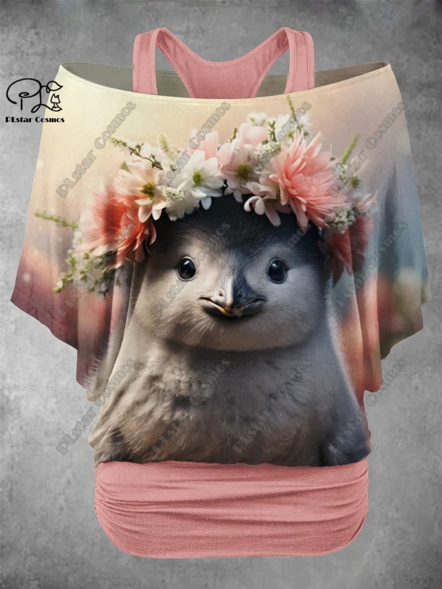 PLstar Cosmos 3D Print Cute Penguin Turtle Frog Swan Pattern Fake Two-Piece Top Women's Casual T-Shirt Harajuku Streetwear