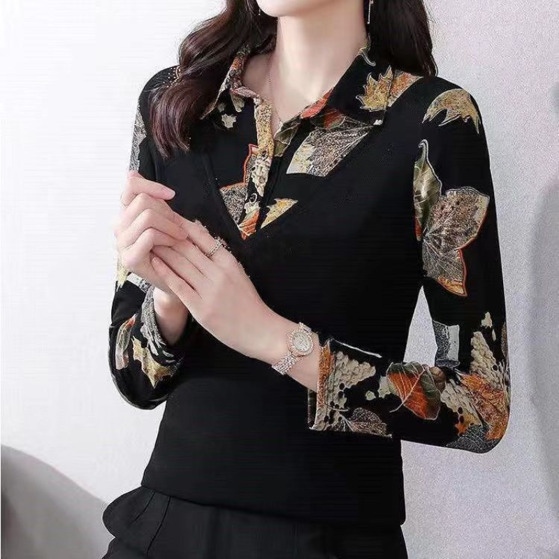 Autumn Winter Versatile Temperament Women's Clothing Korean Version Fashion Print Polo Neck Long Sleeve Commuter Pullover Shirt