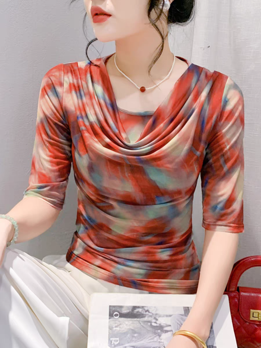 Round Neck Contrasting Color Mesh Half Sleeved T-shirts for Women's Summer New Fashion Pullovers T Shirts Girls Tops