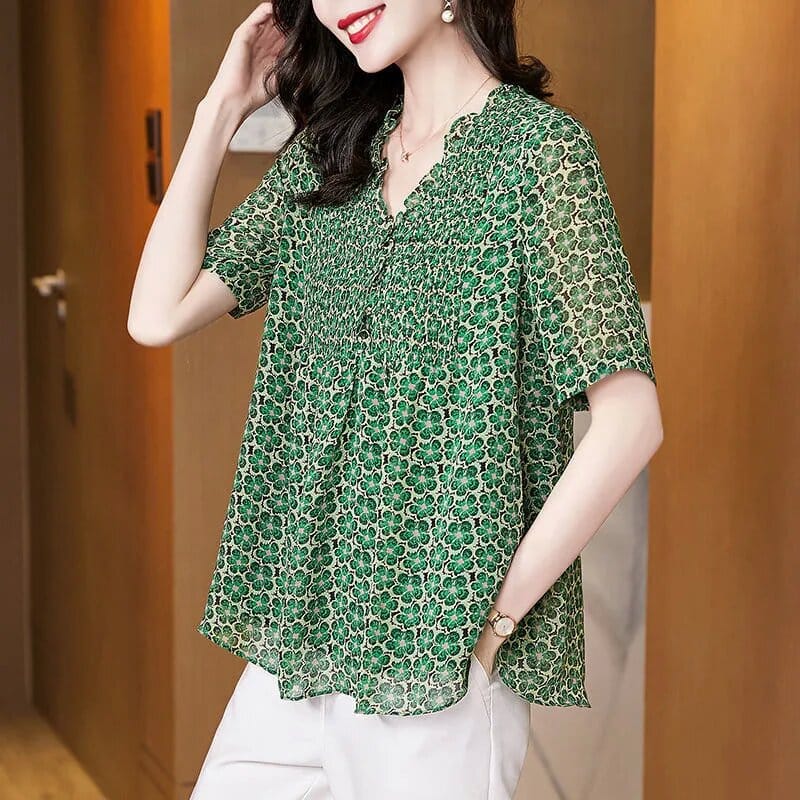 Women's Ruffled Floral Print Korean Fashion Elegant Blouse 2023 Summer V Neck Short Sleeve Casual Street Shirt Blusas Para Mujer