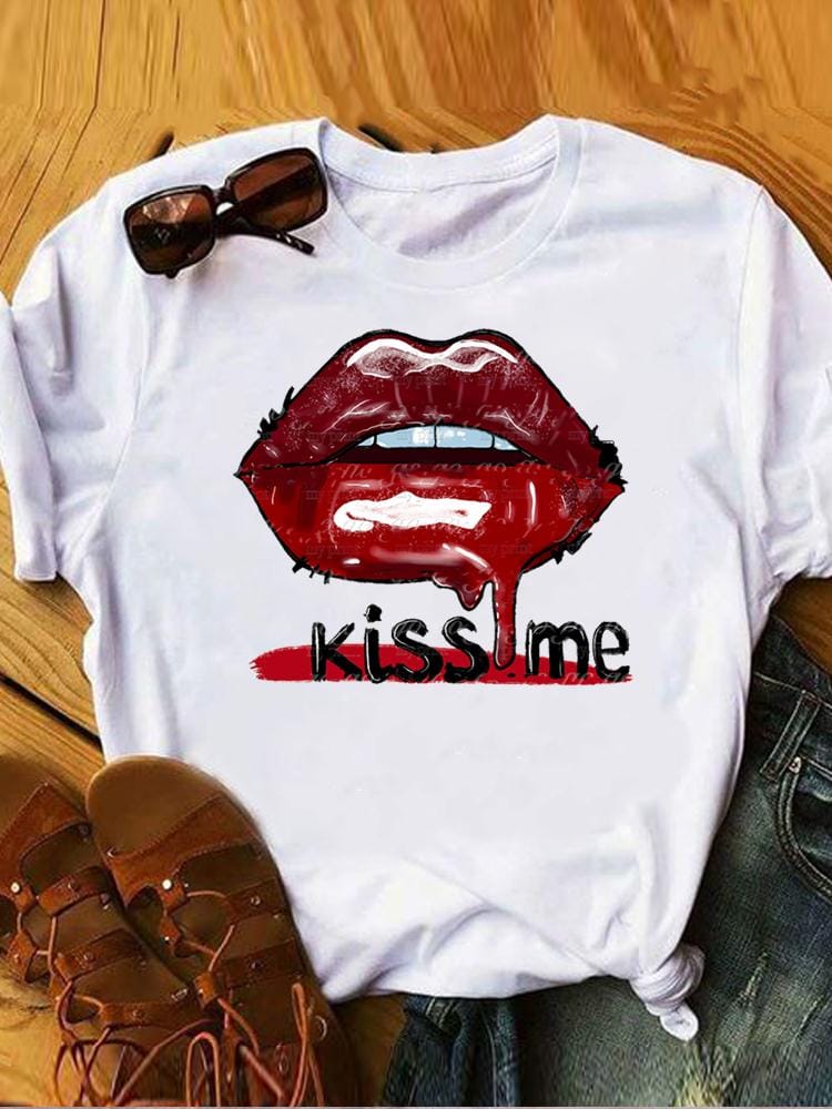 Clothes Lip Sexy Letter Make Up Trend Ladies Summer T Clothing Print Fashion T-shirts Short Sleeve Women's Female Graphic Tee