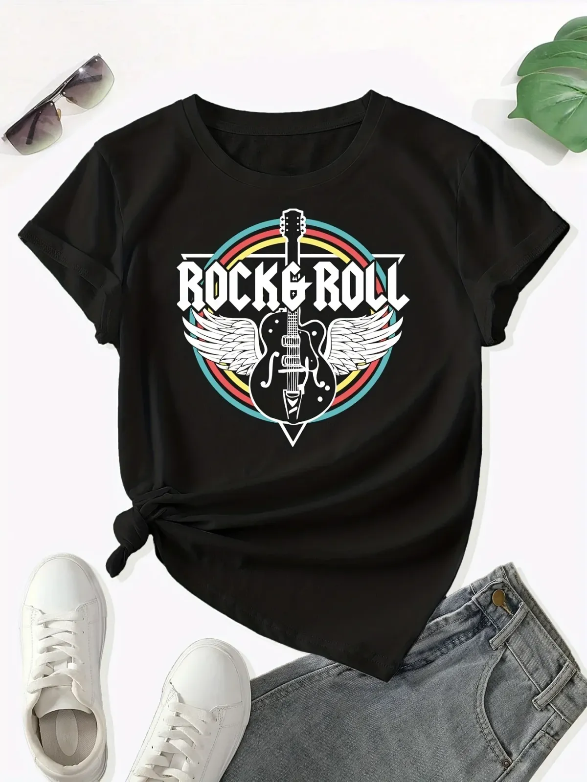 Women's Clothing Wings Guitar Print Crew Neck T-Shirt, Casual Short Sleeve Top For Spring & Summer,
