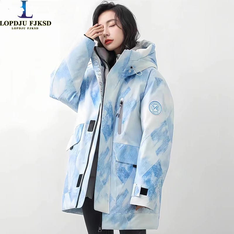 Women's Print Hooded Coat, 90% White Duck Down Jacket, Man Casual Parkas, Oversize Female Clothing, New Fashion, Winter, 2023