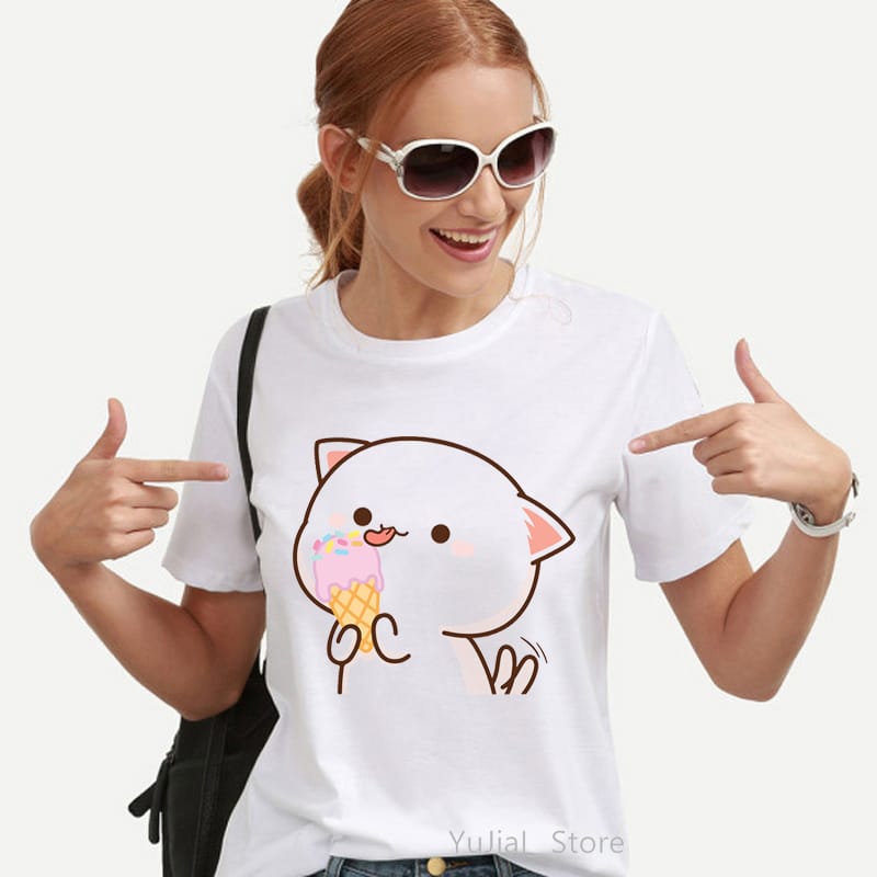 2022 Kawaii Peach And Goma Mochi Cat Love Ice Cream Cartoon Print Tshirt Women'S Clothing Funny T Shirt Femme Harajuku Clothes