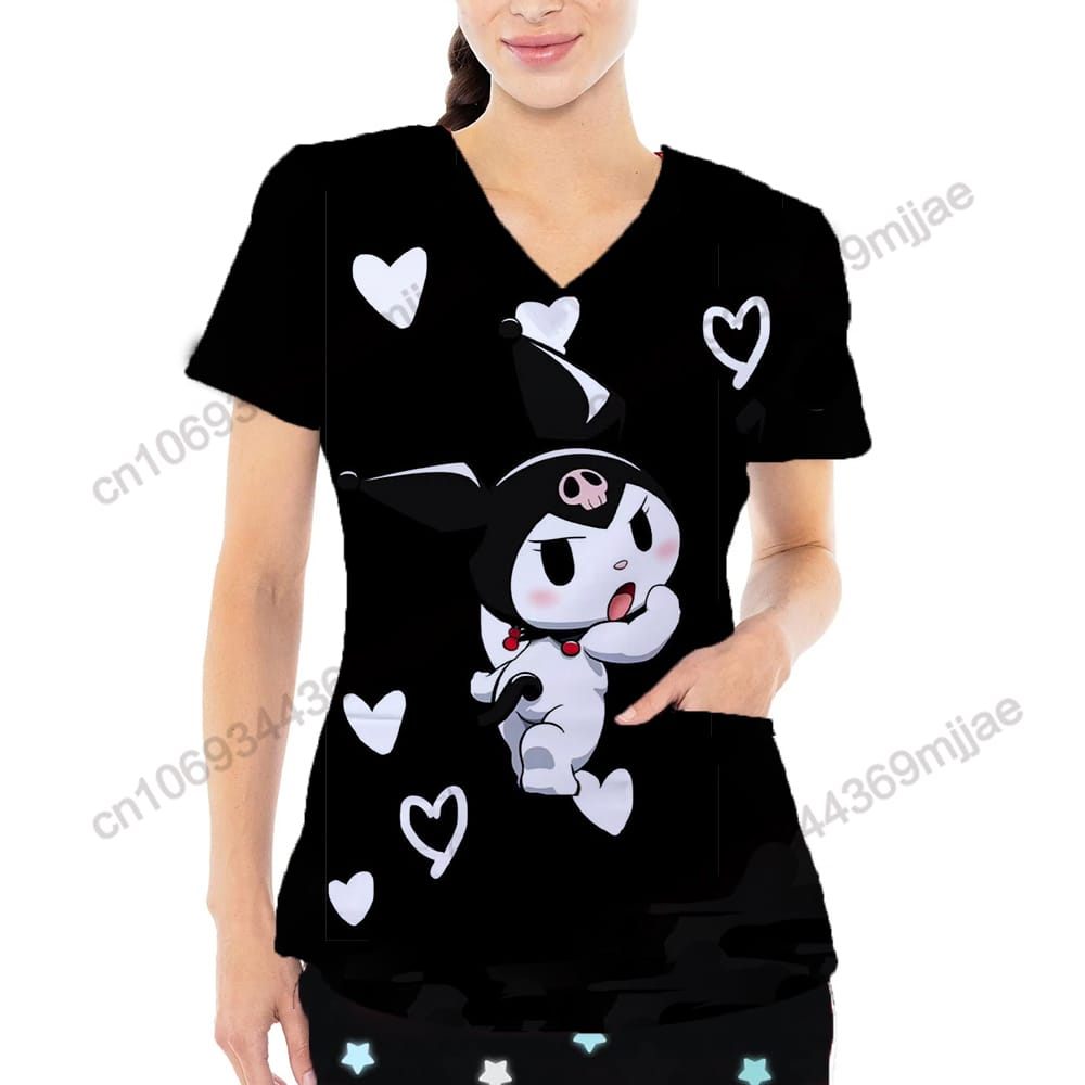 Disney Women's Clothing Summer 2023 Novelties V-neck Nurse Uniform Pocket Tshirt Korean Fashion Woman Blouse 2023 Tops Y2k Style