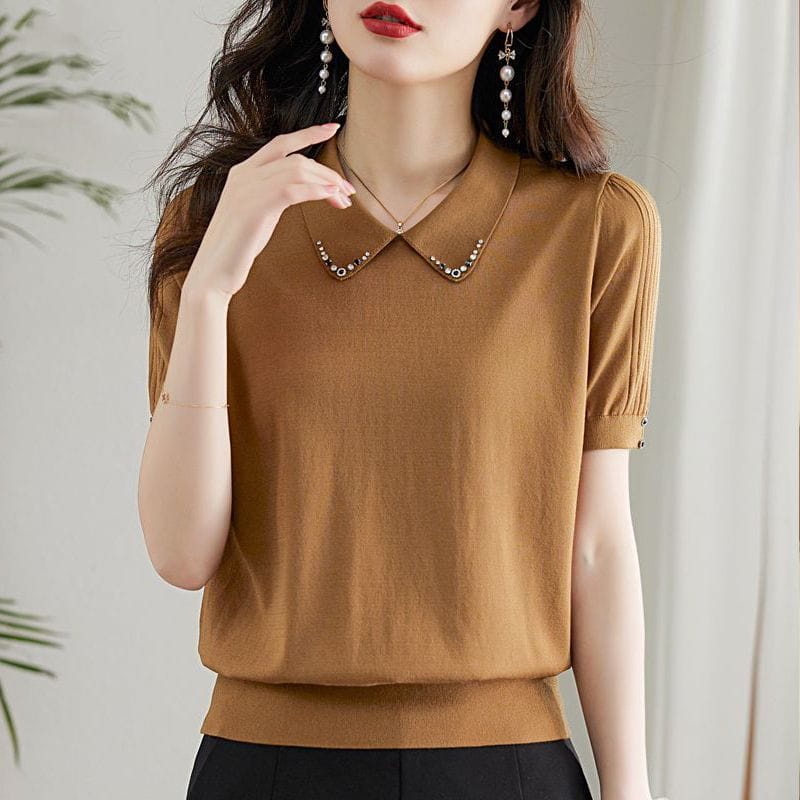 Fashion Lapel Knitted Solid Color Diamonds T-Shirts Women's Clothing 2024 Summer New Loose All-match Tops Commute Tee Shirt
