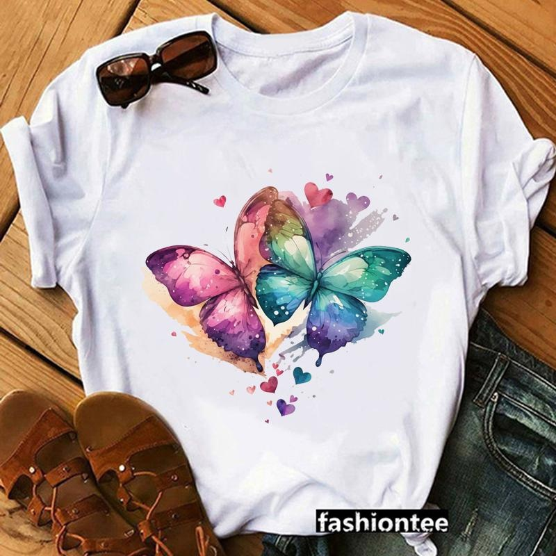 Women's Fashion New Watercolor Butterfly Pattern Printed T-Shirt Casual Cute Butterfly Harajuku Shirt T-Shirt