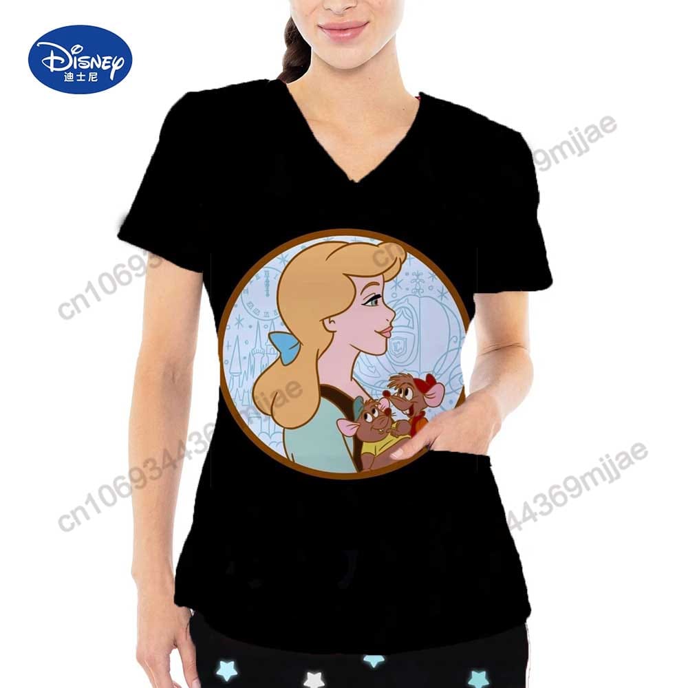 Disney Pocket V-Neck Graphic T Shirts Womens Clothing Japanese Y2k Clothes Women Aesthetic Women's Blouses T-shirt Female Tshirt