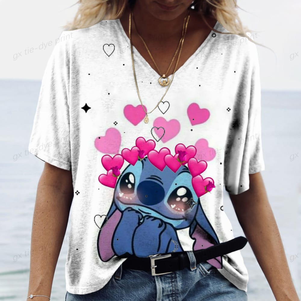 Women's clothing V-neck short sleeved T-shirt summer plus size clothing T-shirt cute Lilo&Stitch printed top animal pullover cas