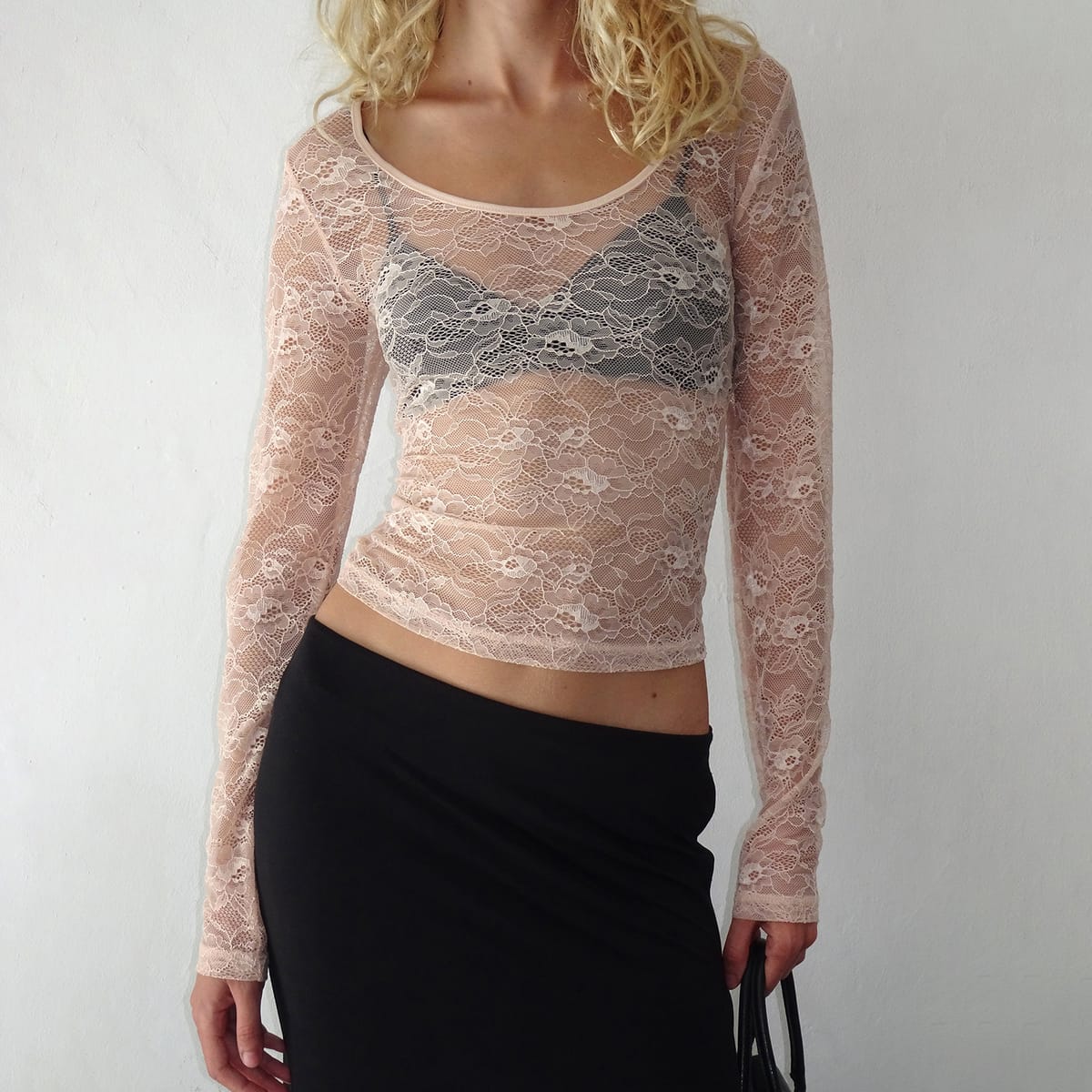 Women's Lace Long Sleeve T-Shirts Basic Round Neck See-Though Slim Fit Tops Dressy Blouses
