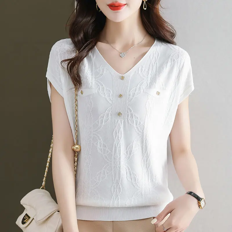 Summer New Ice Silk Short Sleeved T-shirt Women's Solid Korean Loose V-neck Button Fashion Simple Temperament Versatile Thin Top