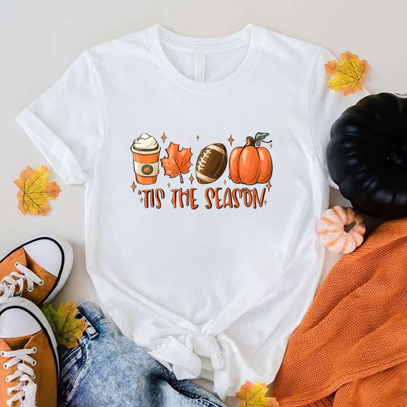 Hot Fall Tis The Season Print Short Sleeve T Shirts Women Casual Shirts Summer Women'S Crew Neck T-Shirts(Premium T-shirt)