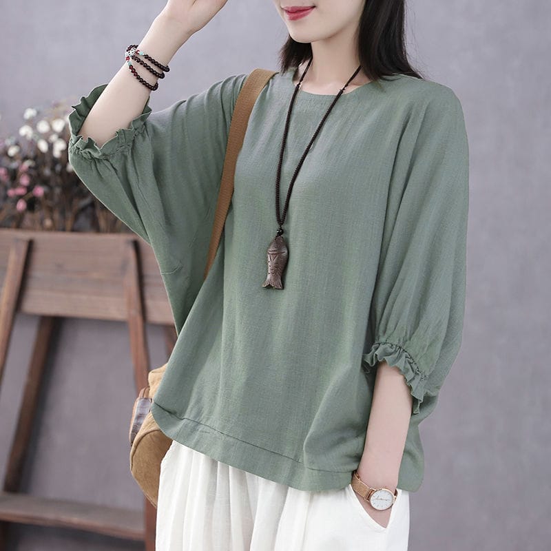 Summer Women's 2024 New Patchwork Pullover O-Neck Fashion Solid Color Minimalist Commuter All-match Casual Lantern Sleep Tops