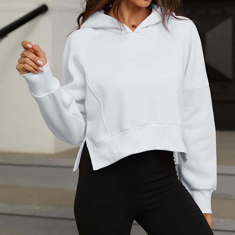 Comfortable and casual street trendy sweater 2023 new women's solid color hooded side slit top spring and autumn sweater
