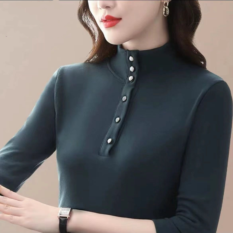 2023 Autumn/Winter New Fashion Button Half High Collar Long Sleeve Solid Popularity Skin Friendly Casual Leisure Women's Top