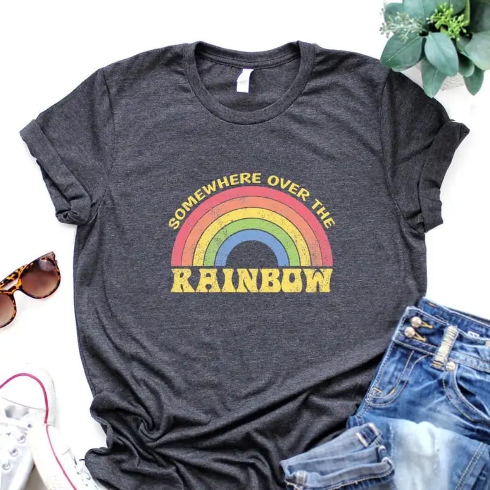Vintage Rainbow T Shirt  Women's Short Sleeve Cotton Tops  Funny Vintage Comfortable  Casual Letter Print Graphic O Neck Tees
