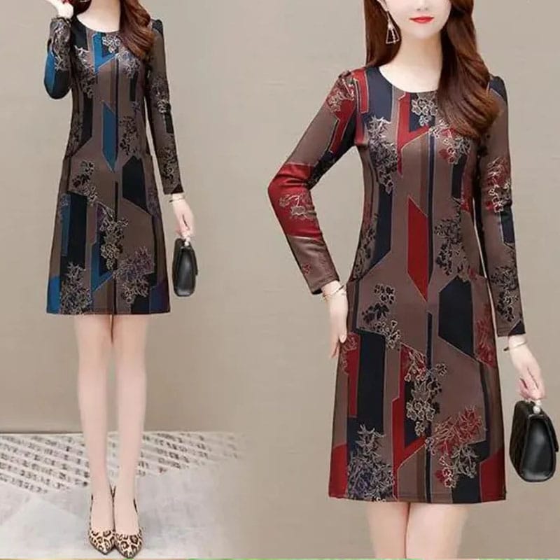 Spring Women's Round Neck Printed Long Sleeve Dress Autumn Elegant Casual Comfortable Versatile Commuter Fashion Mini Dress