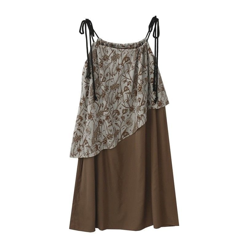 Women's New Chinese style Retro Printed Fake Two-piece Suspender Dresses Female Summer Loose Slim Lace-up Long Camisole Dress