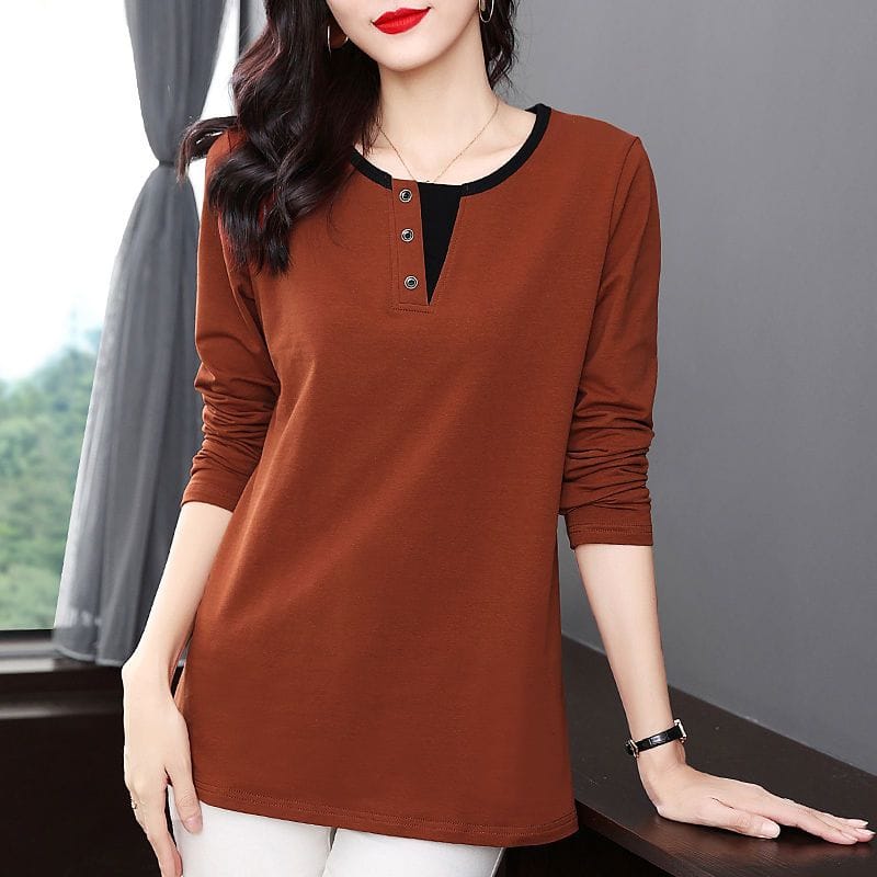 Fashionable and Versatile Women's Clothing Trend Round Neck Long Sleeved Splice Buttons Solid Color Simplicity Commuting T-shirt