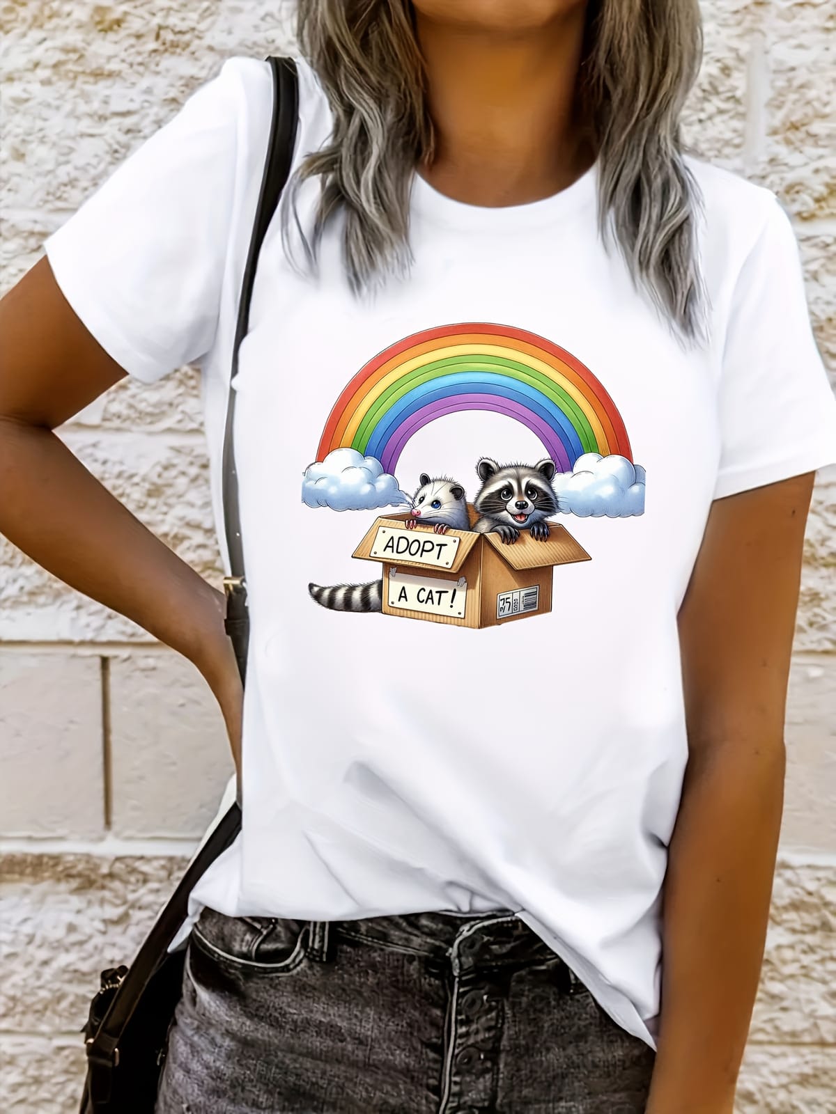 Cartoon Animal & Rainbow Print T-shirt, Short Sleeve Crew Neck Casual Top For Summer & Spring, Women's Clothing