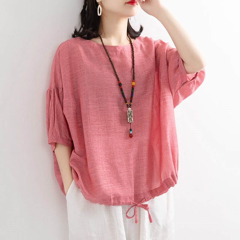 Summer Women's 2024 New Pullover O-Neck Patchwork Folds Drawstring Fashion Solid Loose Minimalist Casual Batwing Sleeve Tops