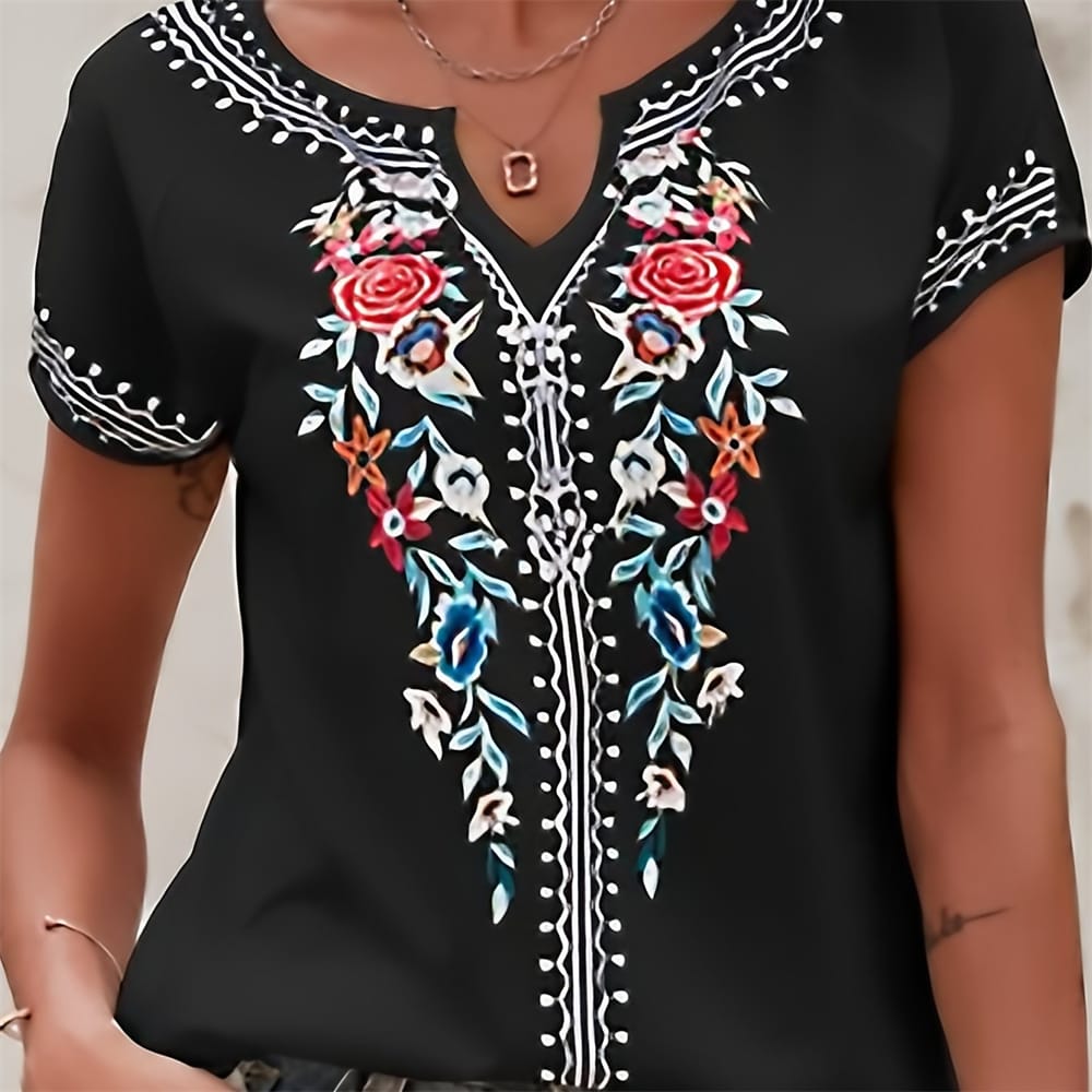 Vintage V-neck Flower Print National Costume Women's T-shirts Summer New Short Sleeves T shirt Designer Women Clothing Tops