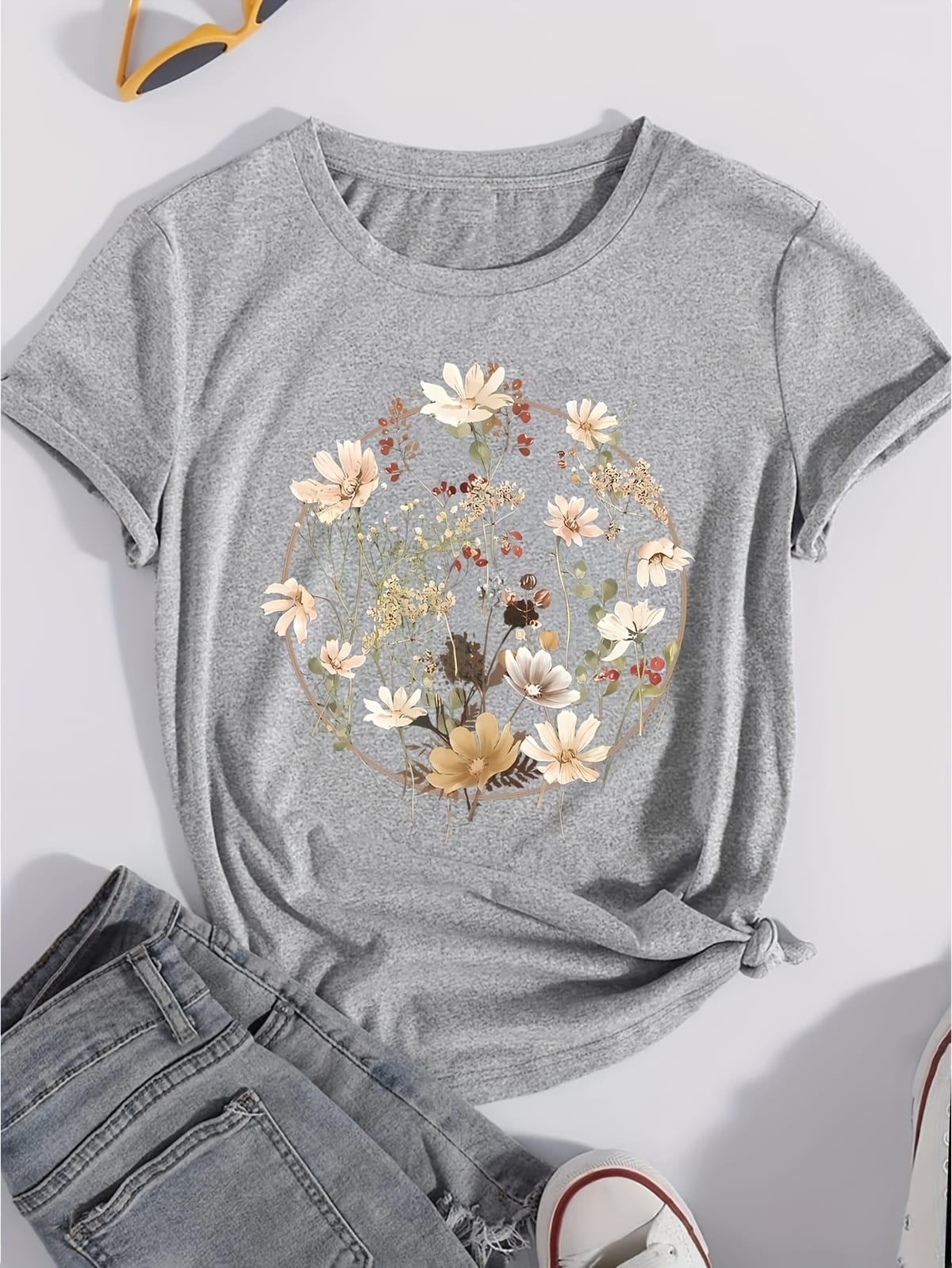Floral Graphic Crew Neck T-Shirt, Casual Short Sleeve T-Shirt For Spring & Summer, Women's Clothing