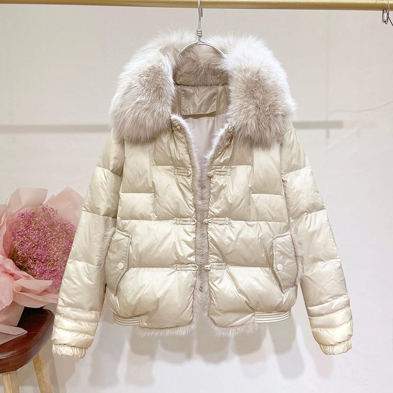 Lapel Fox Fur Big Fur Collar Stitching Mink Short Down Jacket New Women's Clothing Plate Buckle Bread Coat Winter Clothing Coats