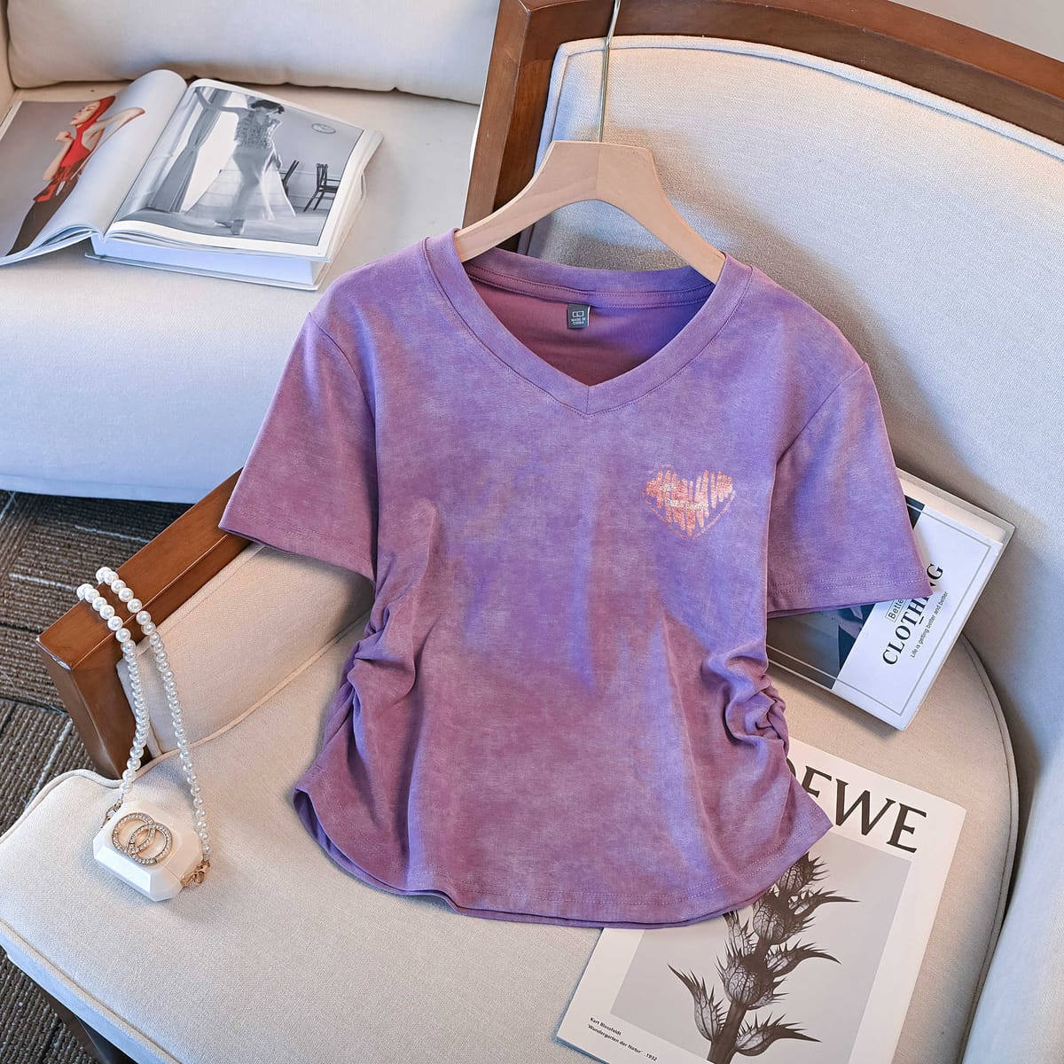 Tie-dyed short-sleeved women's 2024 summer new T-shirt women purple Joker fashion waist slim short-sleeved shirt.