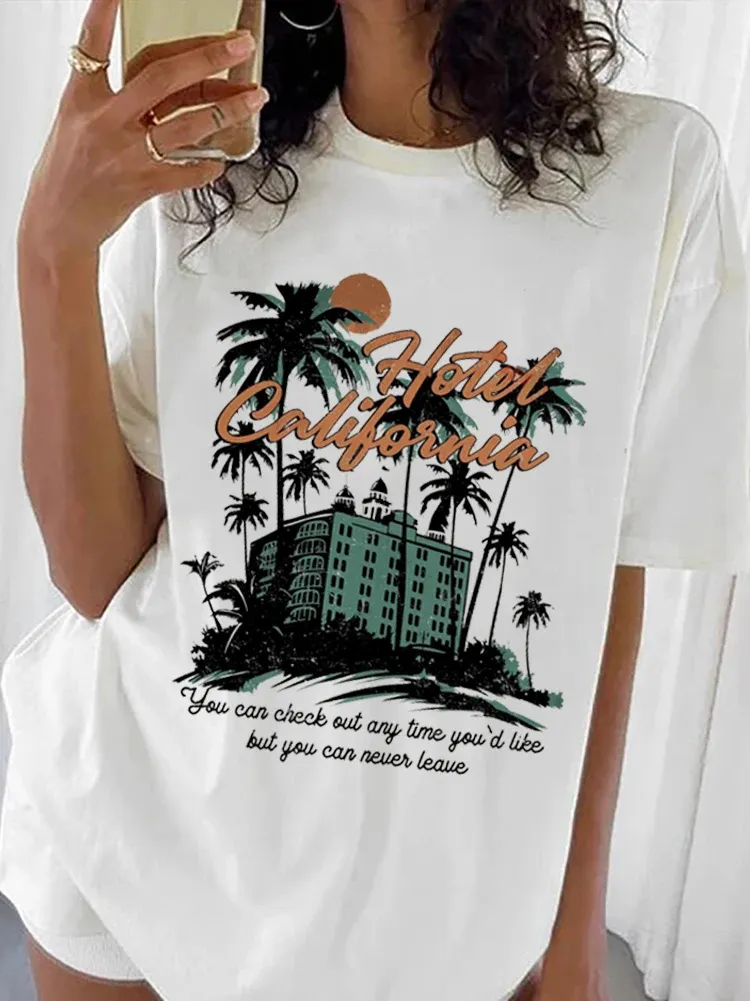 Women's Fashion California T-Shirt Pattern Short Sleeved Trendy Print Summer Beach Travel Leisure Style Women's O-Neck Top T-Shi