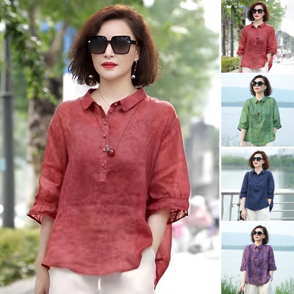 Women Half Sleeve Shirt Elegant Jacquard Print Women's Shirt with Lapel Buttons Loose Fit Half Sleeve Top Solid for Commuter
