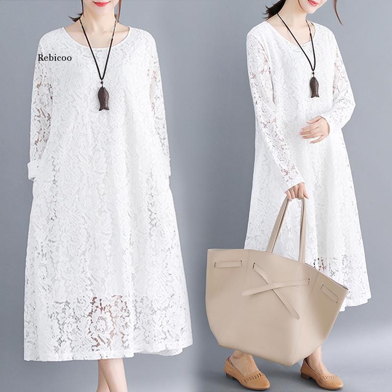 Large size dress women's loose thin mid-length spring summer new openwork lace stitching round neck long-sleeved dress