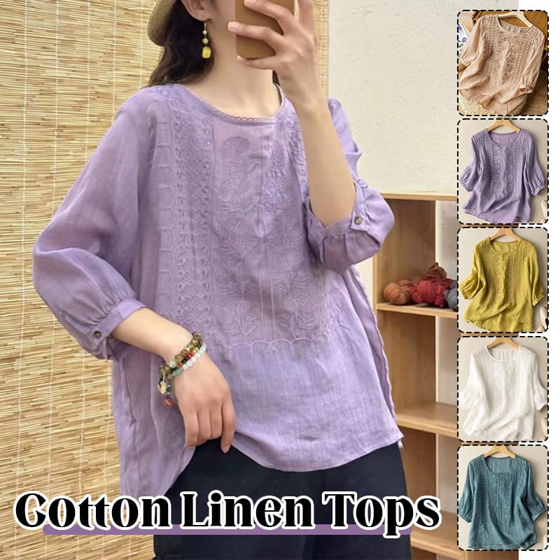 New Women's Summer Retro V-neck Embroidered Half Sleeve Sleeves Loose Fashion Casual Solid Color Ruched Cotton Linen Shirts Tops