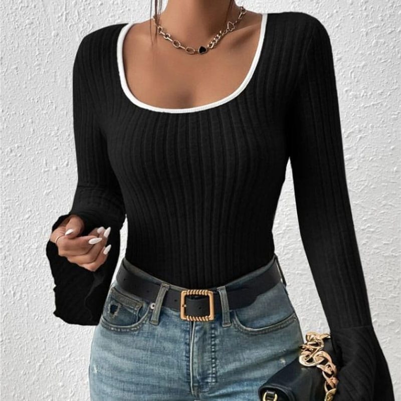 2023 Autumn Women's New Fashion Elegant Square Neck Slim Fit Top Contrast Flare Long Sleeve Comfortable Versatile T-shirt
