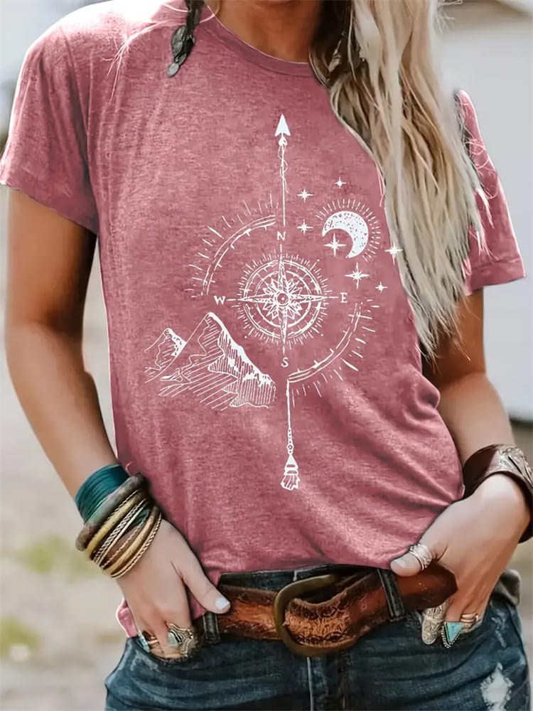 2024 New Women's T Shirt Cross Guide Printed Short Sleeve T Shirt Women's Clothing Geometric Design Summer Fashion Harajuku Top