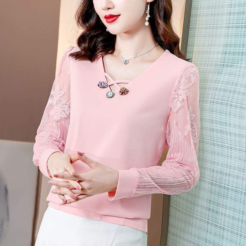 Spring Summer New Korean Version Casual Fashion Women's Clothing Trendy Hollow Out V-neck Long Sleeve Commuter Pullover Shirt