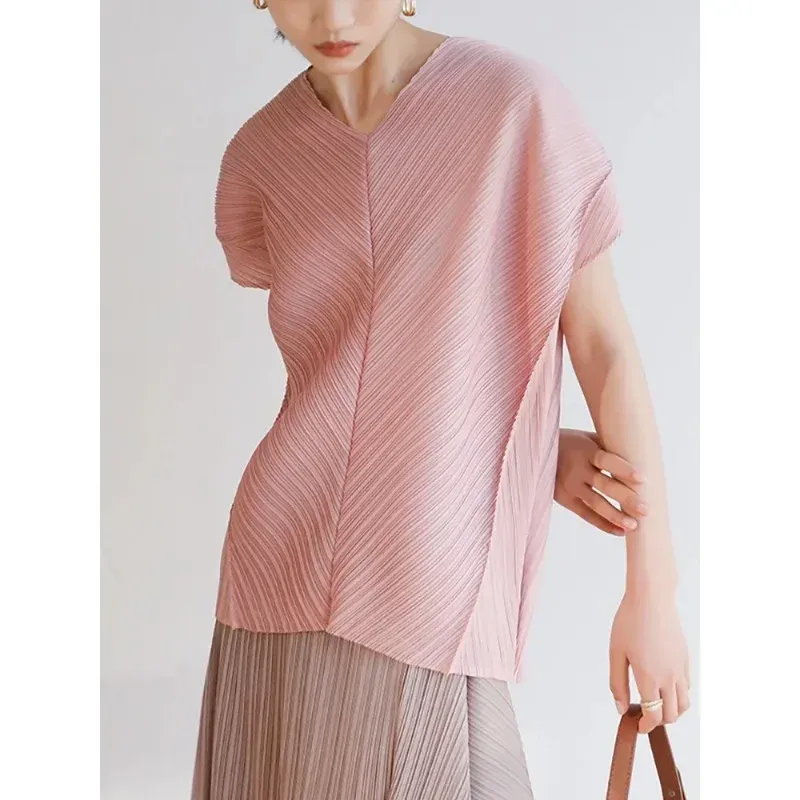 ALSEY Pleated Drop Sleeves V-neck T-shirt Women's 2022 Korean Fashion Casual Tops Designer Aesthetic Clothing