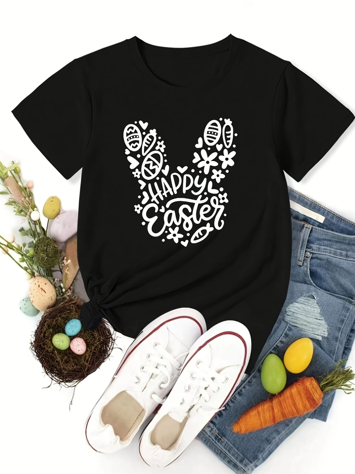 Easter Rabbit Graphic Short Sleeves Sports Tee, Round Neck Workout Causal T-shirt Top, Women's Activewear